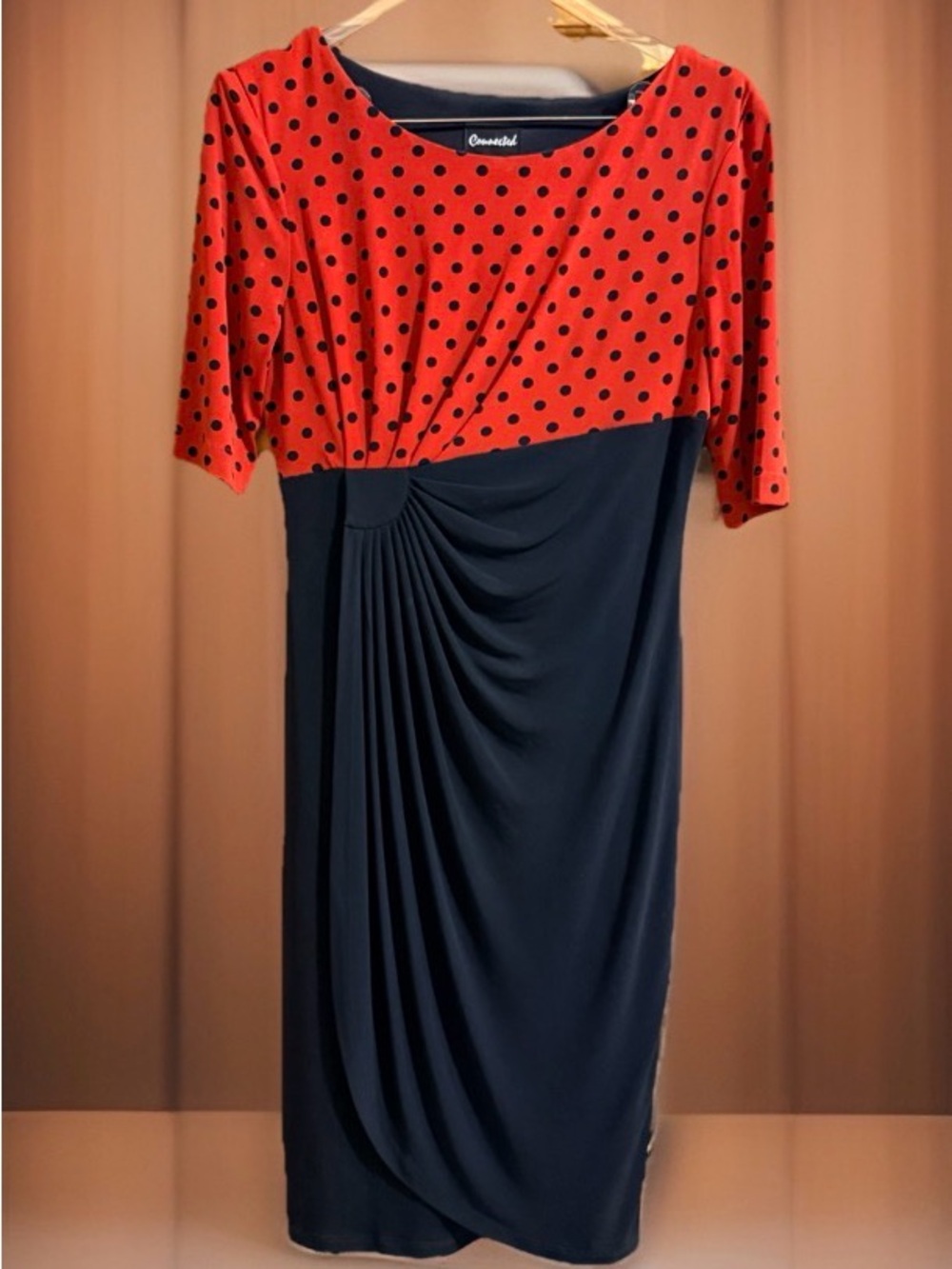 Connected Women’s Red Polka Dot & Black Draped Midi Faux Wrap Dress-10-EC
